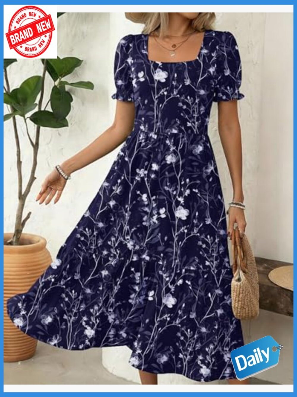 Flowy Midi Dress with Pockets Short Sleeve Square Neck Tiered Swing Dress - Picture 5 of 7